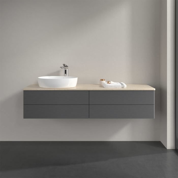 Villeroy & Boch Antao Waschbeckenunterschrank, 160 x 19 cm, 4 Auszüge, Fronten mit Struktur, mit Hahnloch, für Waschtisch links