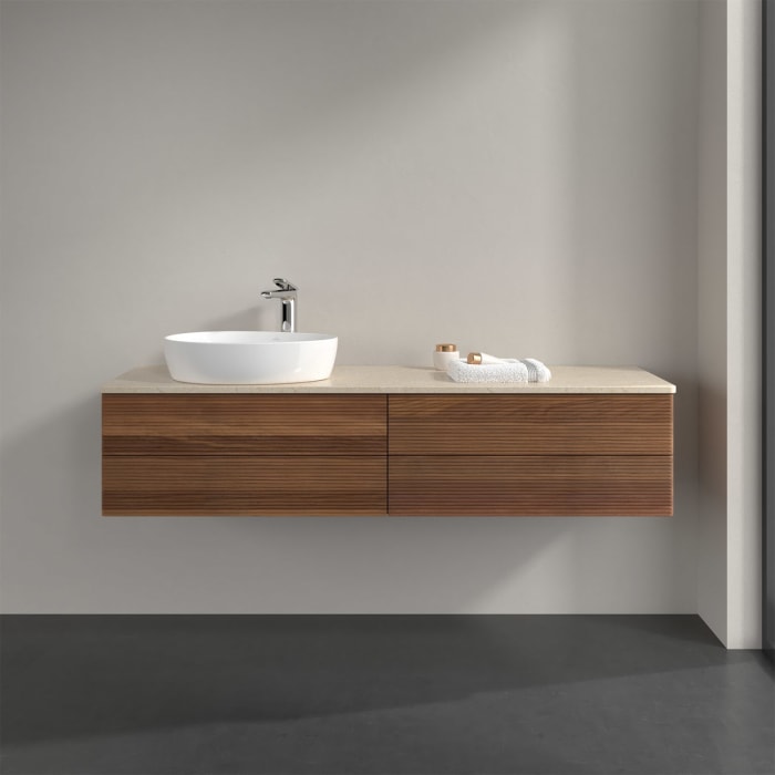 Villeroy & Boch Antao Waschbeckenunterschrank, 160 x 19 cm, 4 Auszüge, Fronten mit Struktur, mit Hahnloch, für Waschtisch links