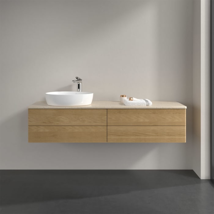 Villeroy & Boch Antao Waschbeckenunterschrank, 160 x 19 cm, 4 Auszüge, Fronten mit Struktur, mit Hahnloch, für Waschtisch links