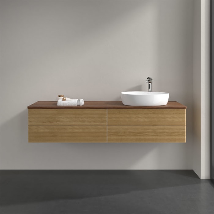 Villeroy & Boch Antao Waschbeckenunterschrank, 160 x 19 cm, 4 Auszüge, Fronten mit Struktur, mit Hahnloch, für Waschtisch rechts