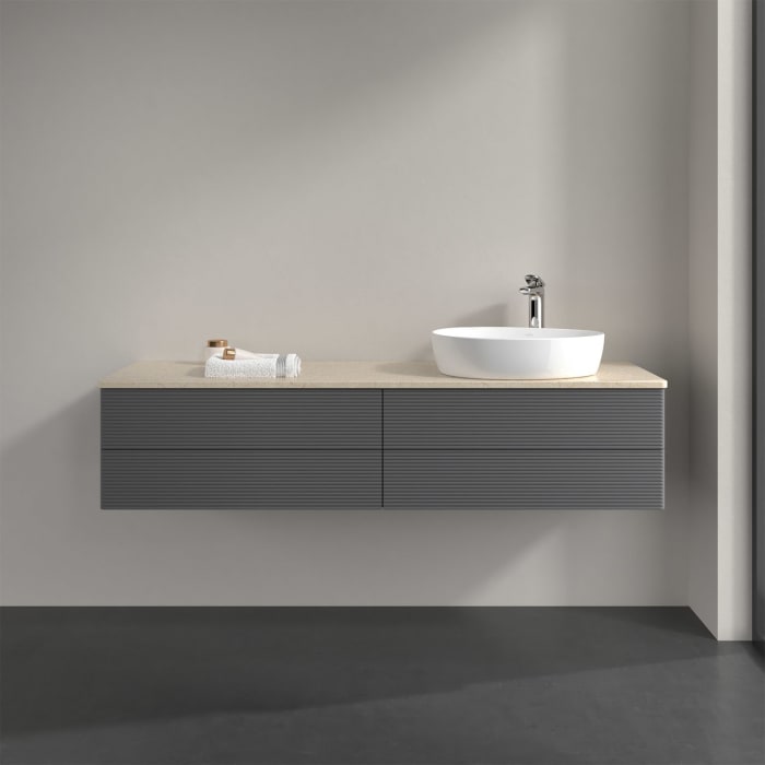 Villeroy & Boch Antao Waschbeckenunterschrank, 160 x 19 cm, 4 Auszüge, Fronten mit Struktur, mit Hahnloch, für Waschtisch rechts