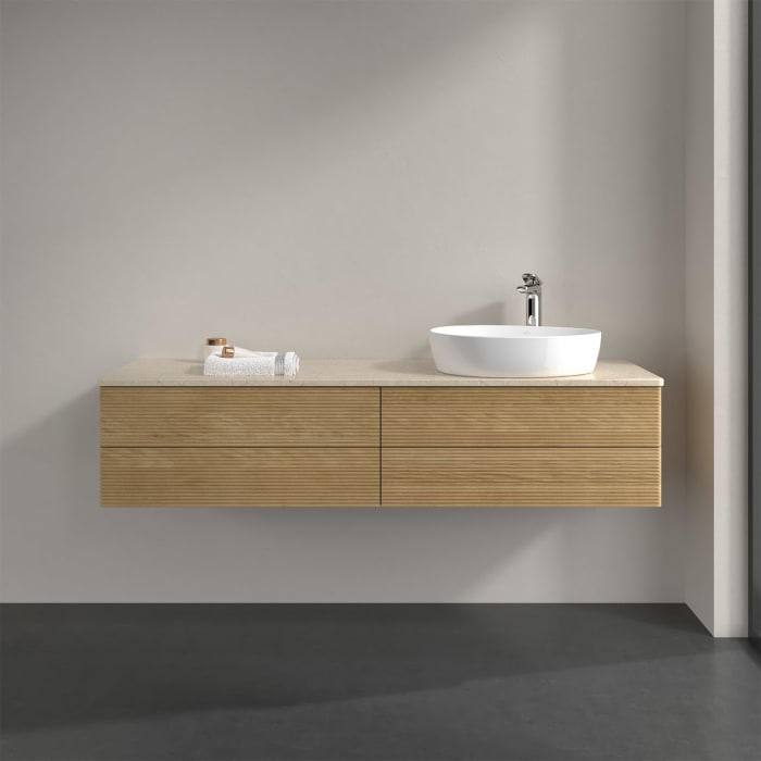 Villeroy & Boch Antao Waschbeckenunterschrank, 160 x 19 cm, 4 Auszüge, Fronten mit Struktur, mit Hahnloch, für Waschtisch rechts