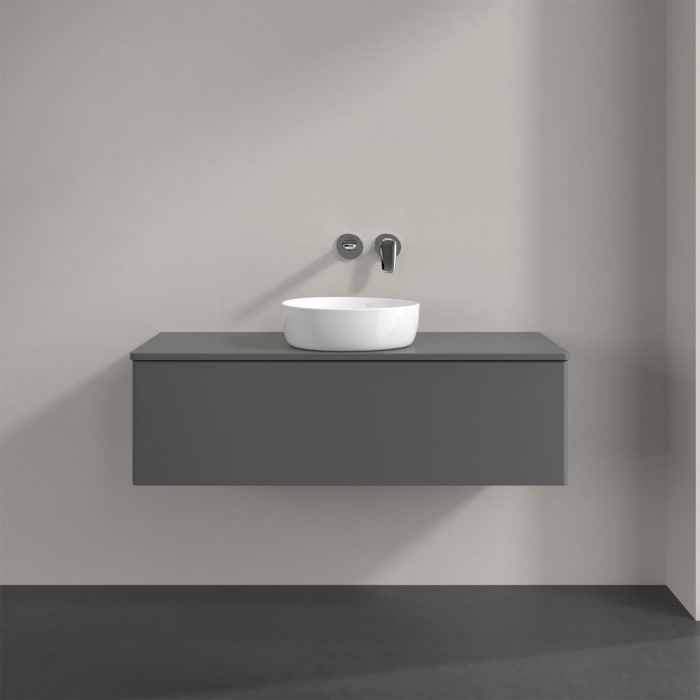 Villeroy & Boch Antao Waschbeckenunterschrank, 120 x 36 cm, 1 Auszug, Front ohne Struktur, mit Hahnloch, für Waschtisch mittig
