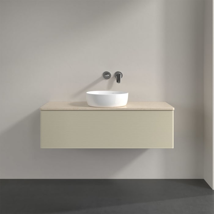 Villeroy & Boch Antao Waschbeckenunterschrank, 120 x 36 cm, 1 Auszug, Front mit Struktur, ohne Hahnloch, für Waschtisch mittig