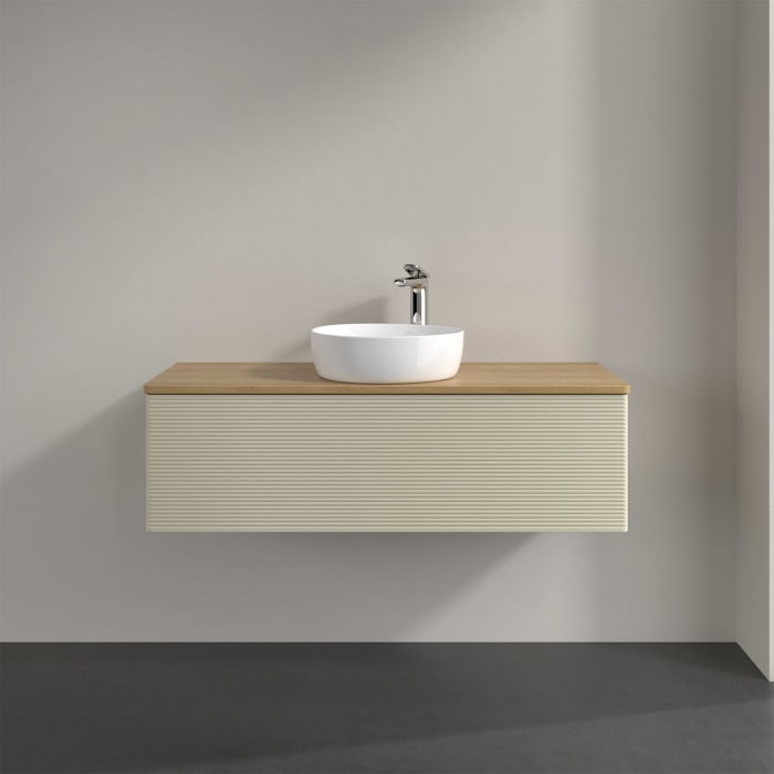 Villeroy & Boch Antao Waschbeckenunterschrank, 120 x 36 cm, 1 Auszug, Front mit Struktur, mit Hahnloch, für Waschtisch mittig