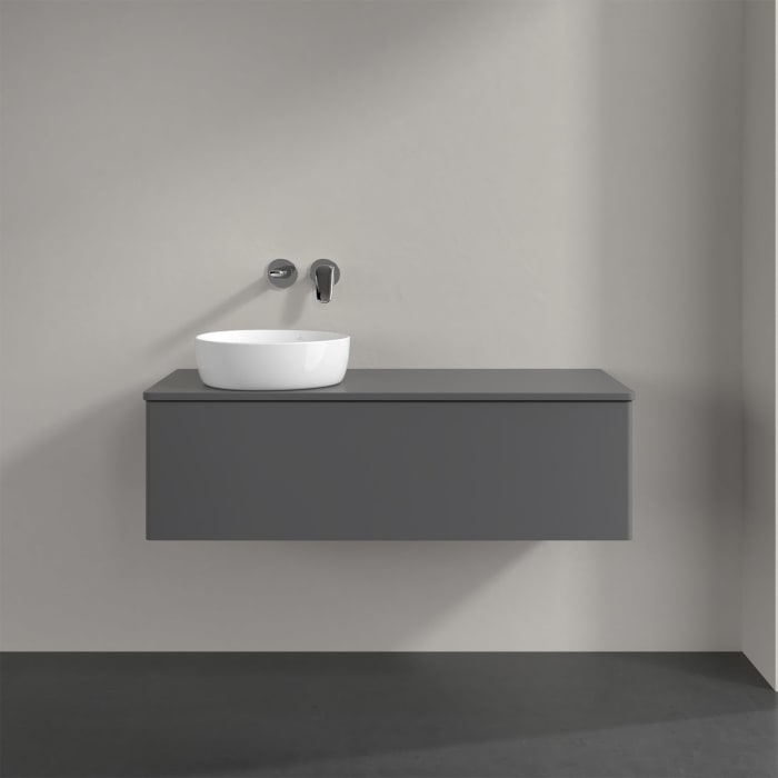 Villeroy & Boch Antao Waschbeckenunterschrank, 120 x 36 cm, 1 Auszug, Front ohne Struktur, ohne Hahnloch, für Waschtisch links
