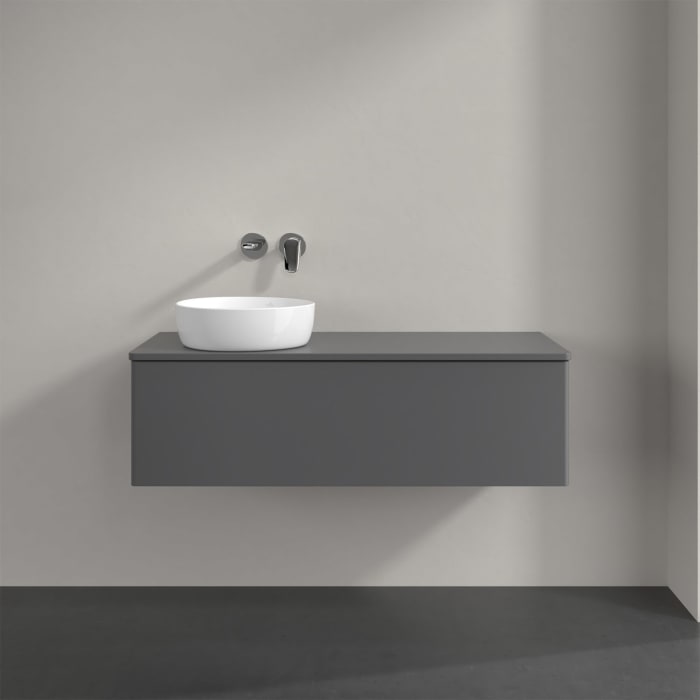 Villeroy & Boch Antao Waschbeckenunterschrank, 120 x 36 cm, 1 Auszug, Front ohne Struktur, mit Hahnloch, für Waschtisch links