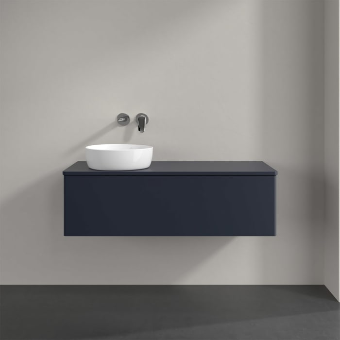 Villeroy & Boch Antao Waschbeckenunterschrank, 120 x 36 cm, 1 Auszug, Front ohne Struktur, mit Hahnloch, für Waschtisch links