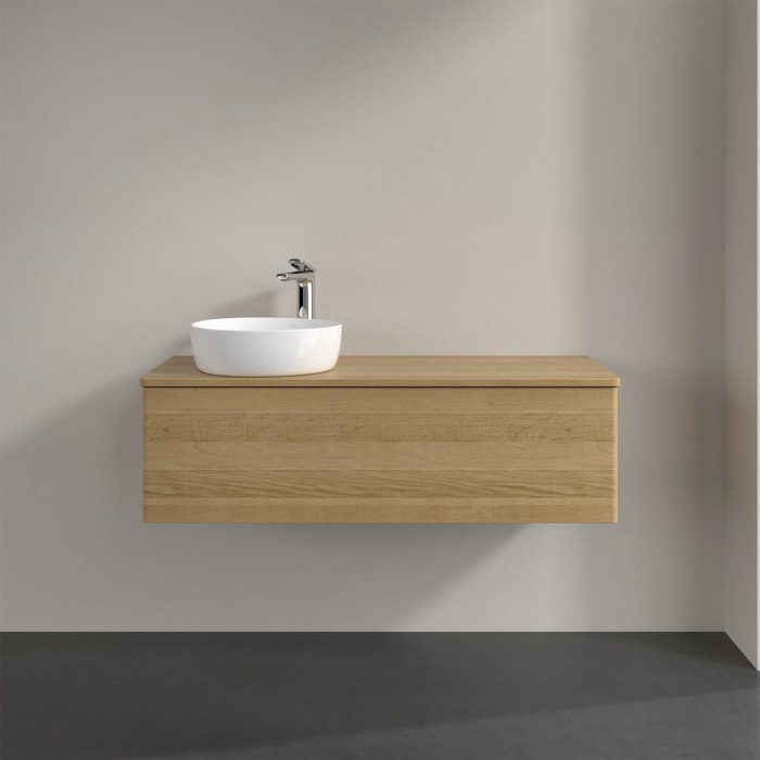 Villeroy & Boch Antao Waschbeckenunterschrank, 120 x 36 cm, 1 Auszug, Front ohne Struktur, mit Hahnloch, für Waschtisch links