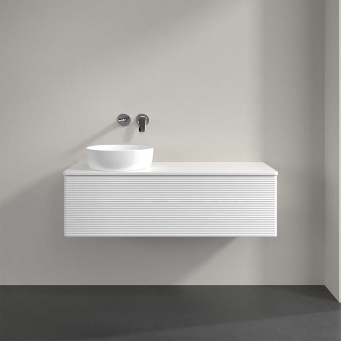 Villeroy & Boch Antao Waschbeckenunterschrank, 120 x 36 cm, 1 Auszug, Front mit Struktur, mit Hahnloch, für Waschtisch links