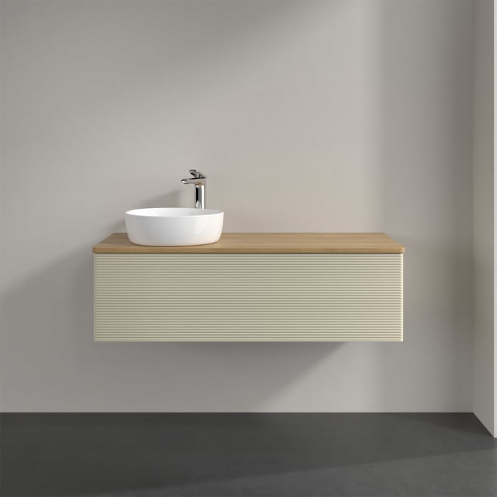 Villeroy & Boch Antao Waschbeckenunterschrank, 120 x 36 cm, 1 Auszug, Front mit Struktur, mit Hahnloch, für Waschtisch links