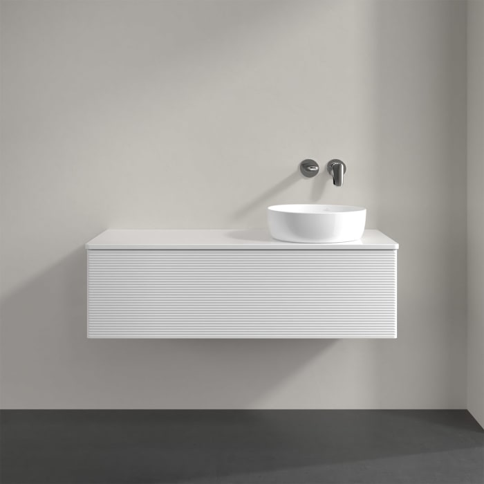 Villeroy & Boch Antao Waschbeckenunterschrank, 120 x 36 cm, 1 Auszug, Front mit Struktur, mit Hahnloch, für Waschtisch rechts