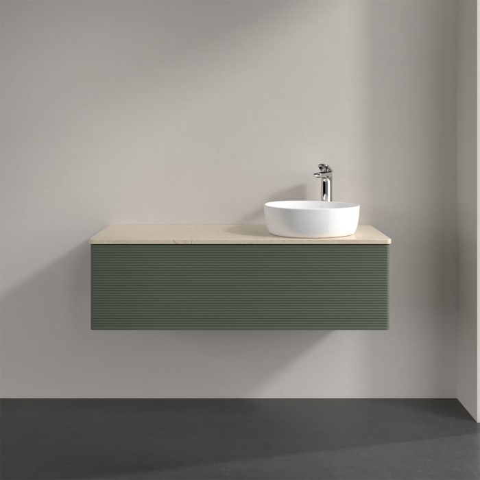 Villeroy & Boch Antao Waschbeckenunterschrank, 120 x 36 cm, 1 Auszug, Front mit Struktur, mit Hahnloch, für Waschtisch rechts