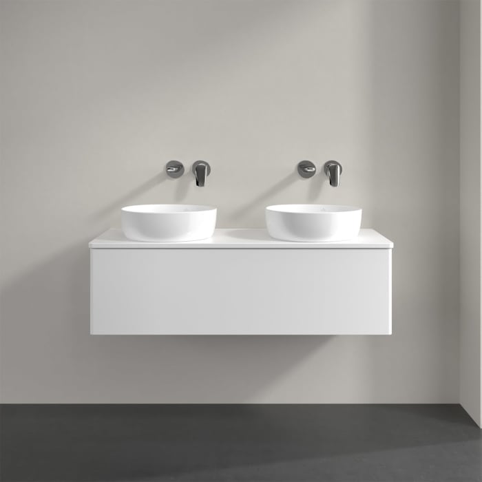 Villeroy & Boch Antao Waschbeckenunterschrank, 120 x 36 cm, 1 Auszug, Front ohne Struktur, mit Hahnloch, für Waschtisch links und rechts