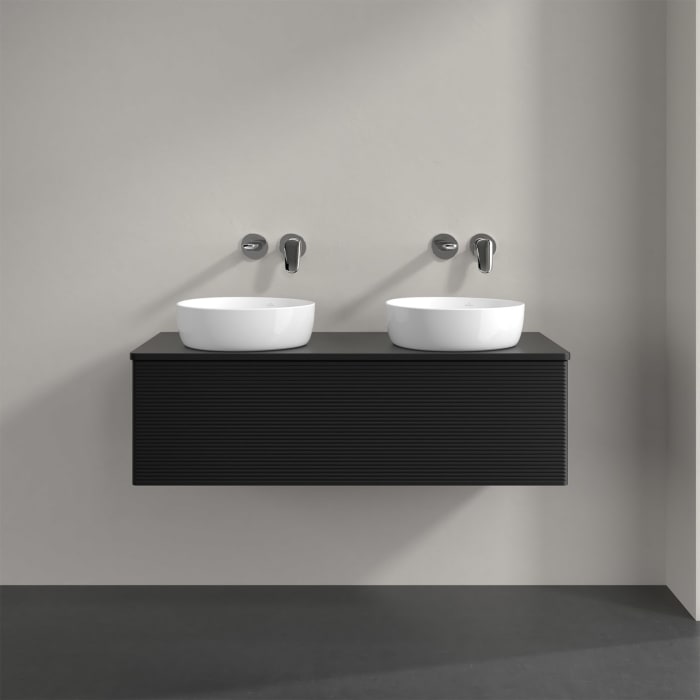 Villeroy & Boch Antao Waschbeckenunterschrank, 120 x 36 cm, 1 Auszug, Front mit Struktur, mit Hahnloch, für Waschtisch links und rechts