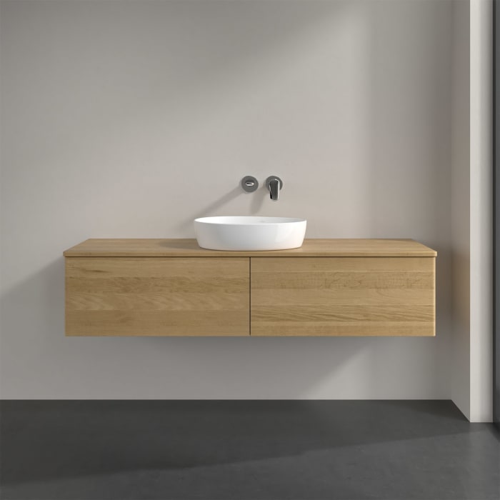 Villeroy & Boch Antao Waschbeckenunterschrank, 160 x 36 cm, 2 Auszüge, Front ohne Struktur, ohne Hahnloch, für Waschtisch mittig