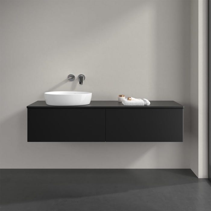 Villeroy & Boch Antao Waschbeckenunterschrank, 160 x 36 cm, 2 Auszüge, Front ohne Struktur, ohne Hahnloch, für Waschtisch links