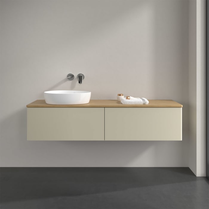 Villeroy & Boch Antao Waschbeckenunterschrank, 160 x 36 cm, 2 Auszüge, Front ohne Struktur, ohne Hahnloch, für Waschtisch links