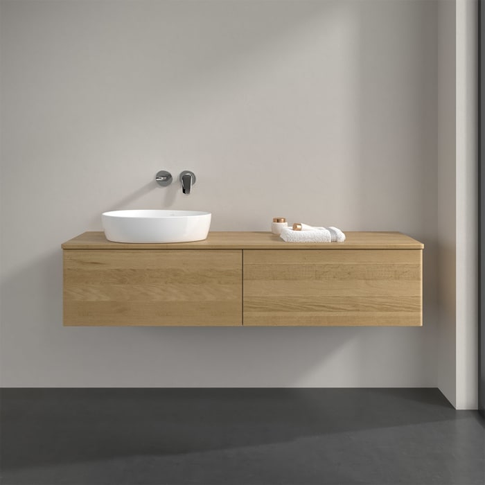 Villeroy & Boch Antao Waschbeckenunterschrank, 160 x 36 cm, 2 Auszüge, Front ohne Struktur, ohne Hahnloch, für Waschtisch links