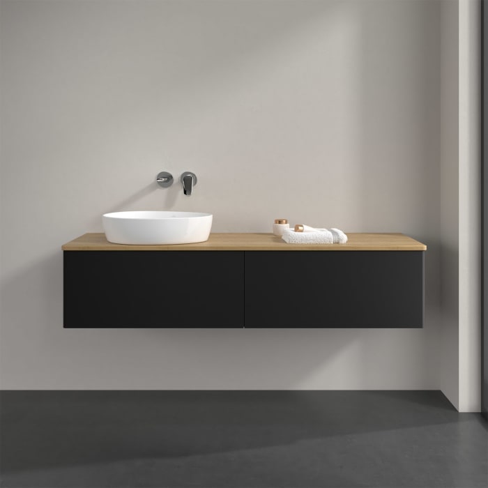 Villeroy & Boch Antao Waschbeckenunterschrank, 160 x 36 cm, 2 Auszüge, Front ohne Struktur, ohne Hahnloch, für Waschtisch links