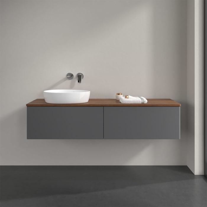 Villeroy & Boch Antao Waschbeckenunterschrank, 160 x 36 cm, 2 Auszüge, Front ohne Struktur, ohne Hahnloch, für Waschtisch links