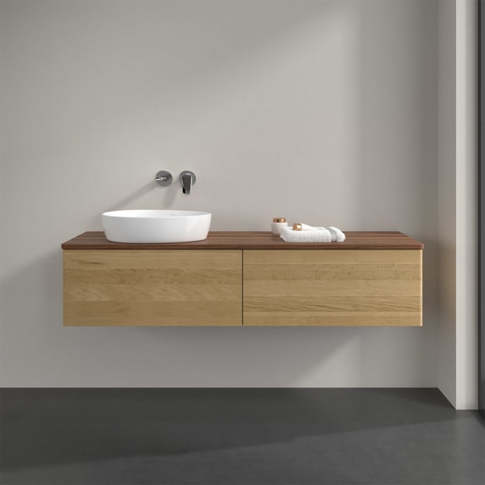 Villeroy & Boch Antao Waschbeckenunterschrank, 160 x 36 cm, 2 Auszüge, Front ohne Struktur, ohne Hahnloch, für Waschtisch links