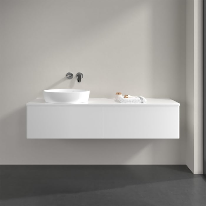 Villeroy & Boch Antao Waschbeckenunterschrank, 160 x 36 cm, 2 Auszüge, Front ohne Struktur, mit Hahnloch, für Waschtisch links