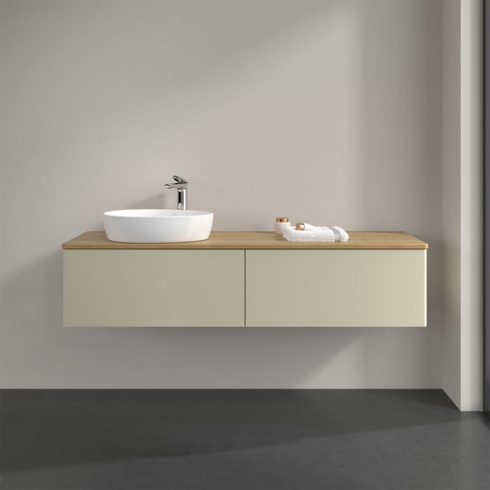 Villeroy & Boch Antao Waschbeckenunterschrank, 160 x 36 cm, 2 Auszüge, Front ohne Struktur, mit Hahnloch, für Waschtisch links