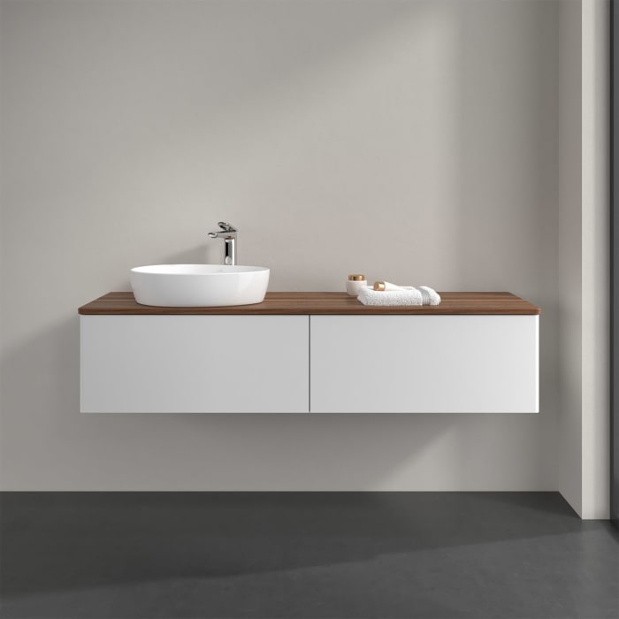 Villeroy & Boch Antao Waschbeckenunterschrank, 160 x 36 cm, 2 Auszüge, Front ohne Struktur, mit Hahnloch, für Waschtisch links