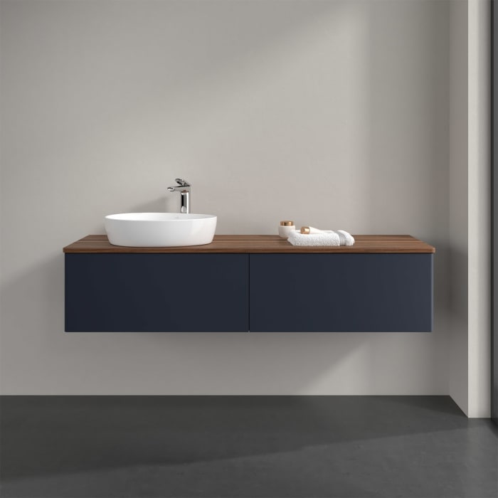 Villeroy & Boch Antao Waschbeckenunterschrank, 160 x 36 cm, 2 Auszüge, Front ohne Struktur, mit Hahnloch, für Waschtisch links