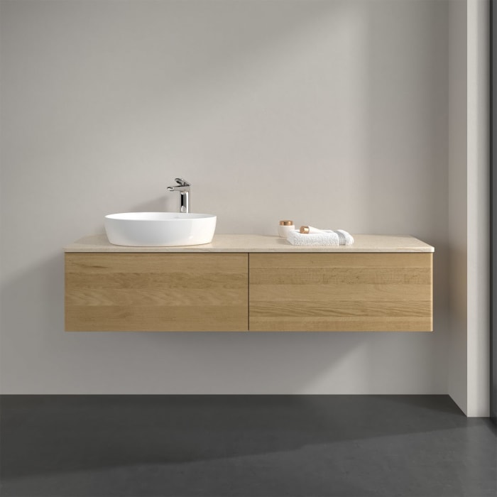 Villeroy & Boch Antao Waschbeckenunterschrank, 160 x 36 cm, 2 Auszüge, Front ohne Struktur, mit Hahnloch, für Waschtisch links