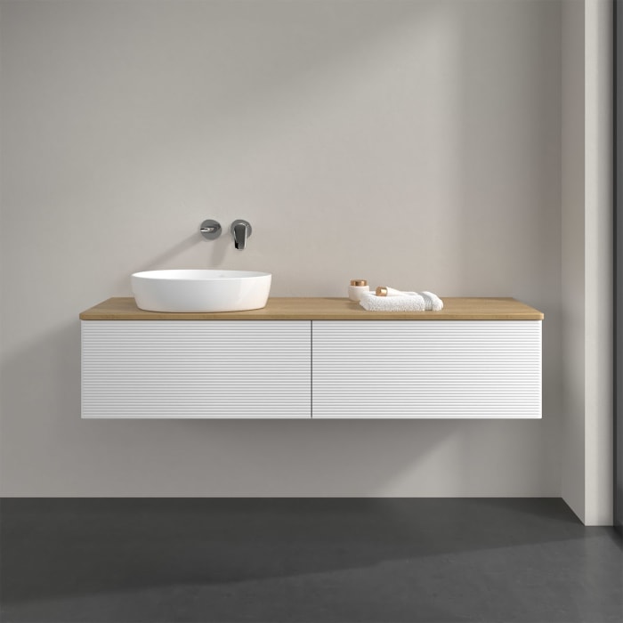 Villeroy & Boch Antao Waschbeckenunterschrank, 160 x 36 cm, 2 Auszüge, Front mit Struktur, ohne Hahnloch, für Waschtisch links