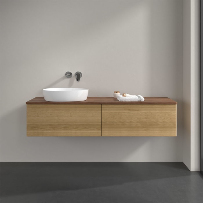 Villeroy & Boch Antao Waschbeckenunterschrank, 160 x 36 cm, 2 Auszüge, Front mit Struktur, ohne Hahnloch, für Waschtisch links