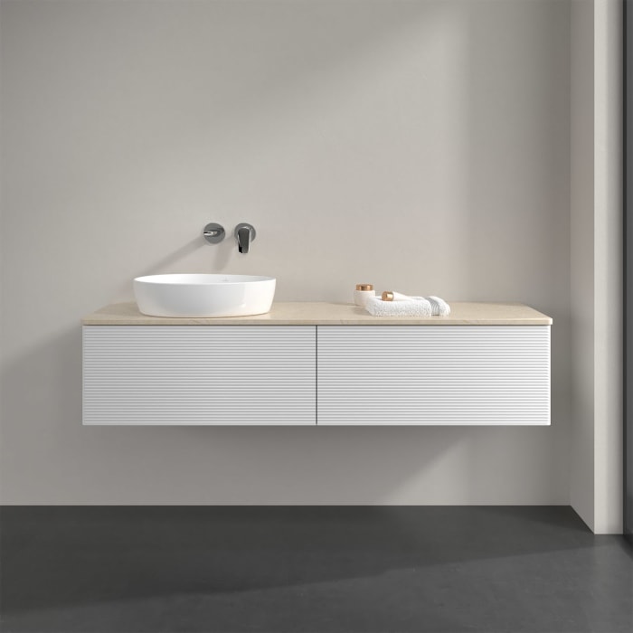 Villeroy & Boch Antao Waschbeckenunterschrank, 160 x 36 cm, 2 Auszüge, Front mit Struktur, ohne Hahnloch, für Waschtisch links