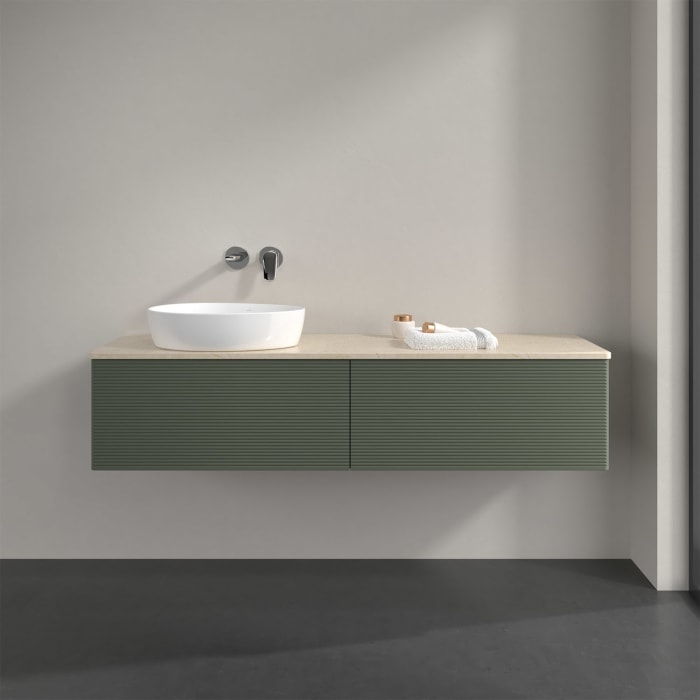 Villeroy & Boch Antao Waschbeckenunterschrank, 160 x 36 cm, 2 Auszüge, Front mit Struktur, ohne Hahnloch, für Waschtisch links