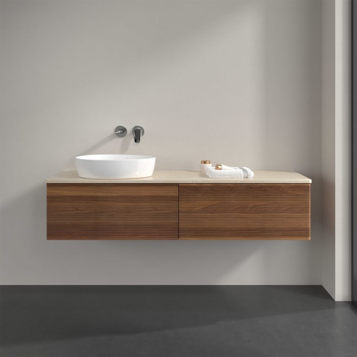 Villeroy & Boch Antao Waschbeckenunterschrank, 160 x 36 cm, 2 Auszüge, Front mit Struktur, ohne Hahnloch, für Waschtisch links