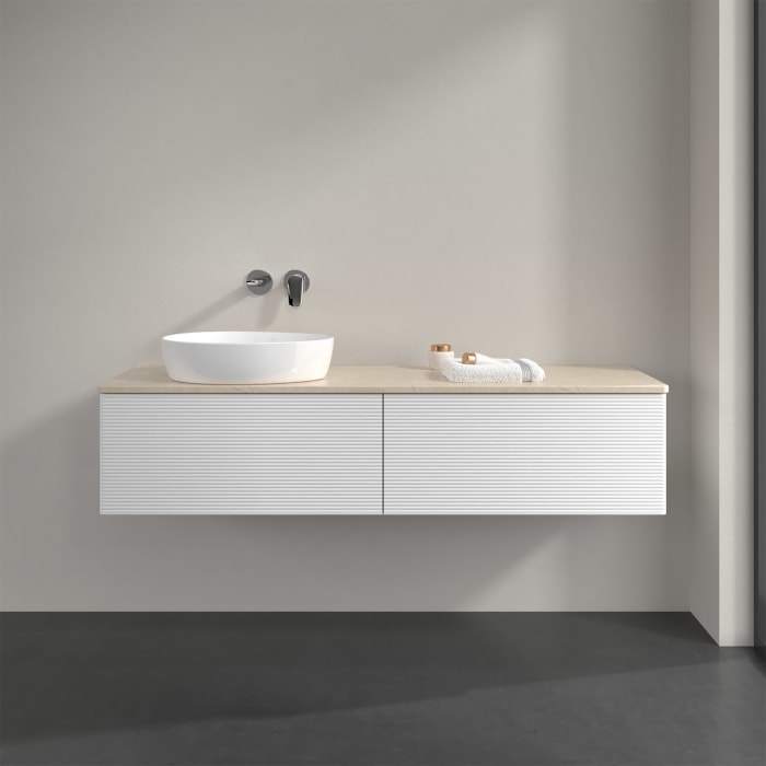 Villeroy & Boch Antao Waschbeckenunterschrank, 160 x 36 cm, 2 Auszüge, Front mit Struktur, ohne Hahnloch, für Waschtisch links