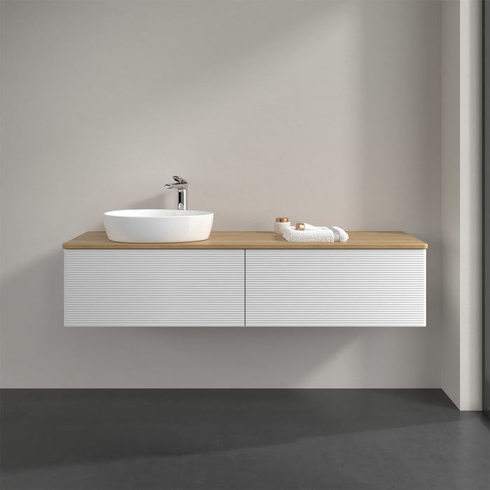 Villeroy & Boch Antao Waschbeckenunterschrank, 160 x 36 cm, 2 Auszüge, Front mit Struktur, mit Hahnloch, für Waschtisch links