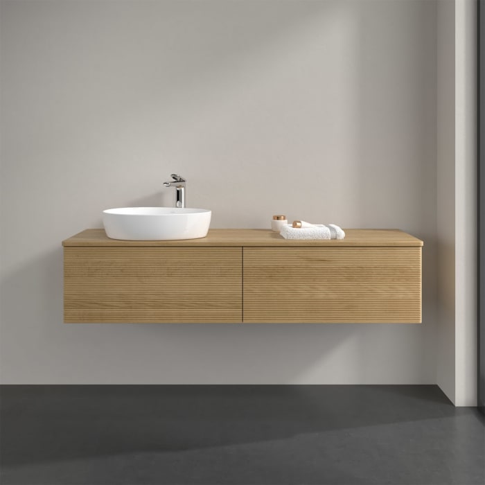 Villeroy & Boch Antao Waschbeckenunterschrank, 160 x 36 cm, 2 Auszüge, Front mit Struktur, mit Hahnloch, für Waschtisch links