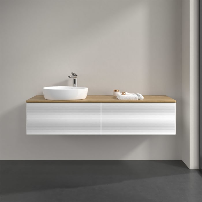 Villeroy & Boch Antao Waschbeckenunterschrank, 160 x 36 cm, 2 Auszüge, Front mit Struktur, mit Hahnloch, für Waschtisch links