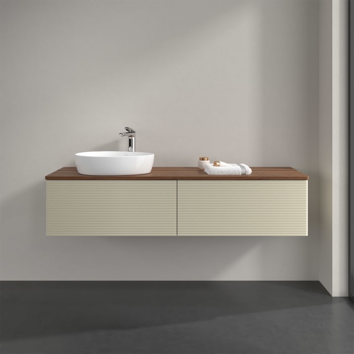 Villeroy & Boch Antao Waschbeckenunterschrank, 160 x 36 cm, 2 Auszüge, Front mit Struktur, mit Hahnloch, für Waschtisch links