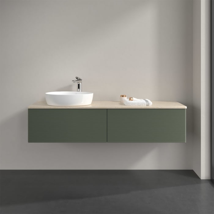 Villeroy & Boch Antao Waschbeckenunterschrank, 160 x 36 cm, 2 Auszüge, Front mit Struktur, mit Hahnloch, für Waschtisch links