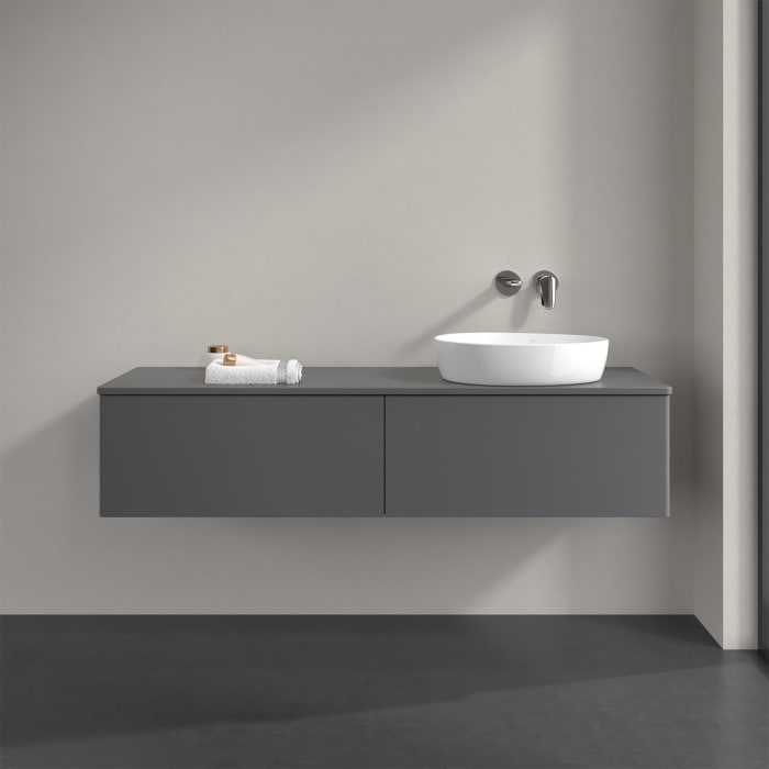 Villeroy & Boch Antao Waschbeckenunterschrank, 160 x 36 cm, 2 Auszüge, Front ohne Struktur, ohne Hahnloch, für Waschtisch rechts
