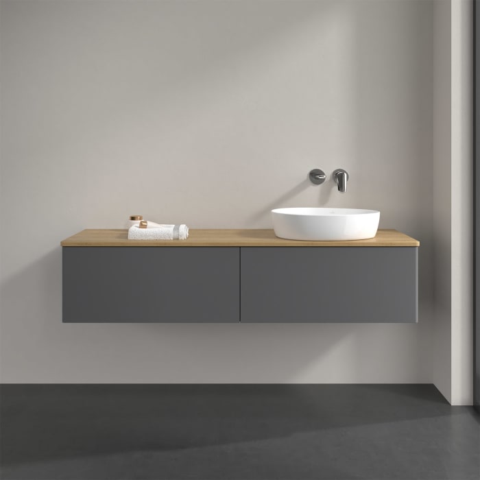 Villeroy & Boch Antao Waschbeckenunterschrank, 160 x 36 cm, 2 Auszüge, Front ohne Struktur, ohne Hahnloch, für Waschtisch rechts