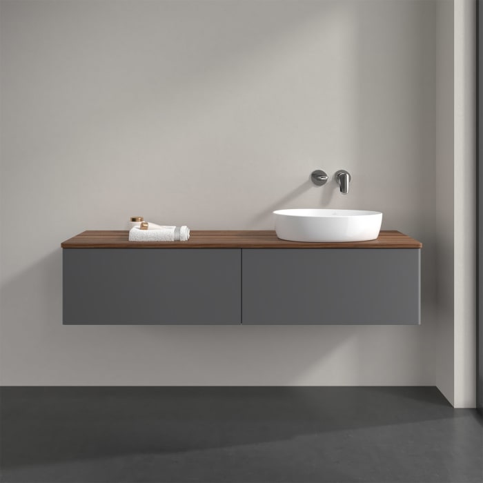 Villeroy & Boch Antao Waschbeckenunterschrank, 160 x 36 cm, 2 Auszüge, Front ohne Struktur, ohne Hahnloch, für Waschtisch rechts