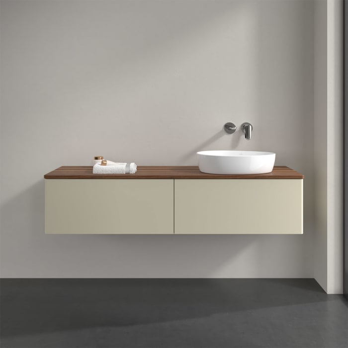 Villeroy & Boch Antao Waschbeckenunterschrank, 160 x 36 cm, 2 Auszüge, Front ohne Struktur, ohne Hahnloch, für Waschtisch rechts