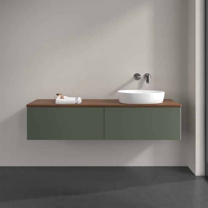 Villeroy & Boch Antao Waschbeckenunterschrank, 160 x 36 cm, 2 Auszüge, Front ohne Struktur, ohne Hahnloch, für Waschtisch rechts
