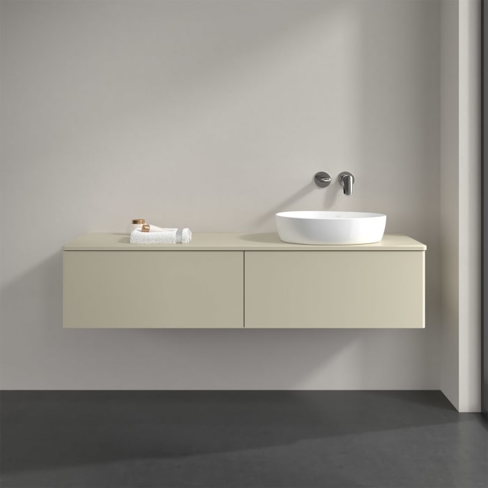 Villeroy & Boch Antao Waschbeckenunterschrank, 160 x 36 cm, 2 Auszüge, Front ohne Struktur, mit Hahnloch, für Waschtisch rechts