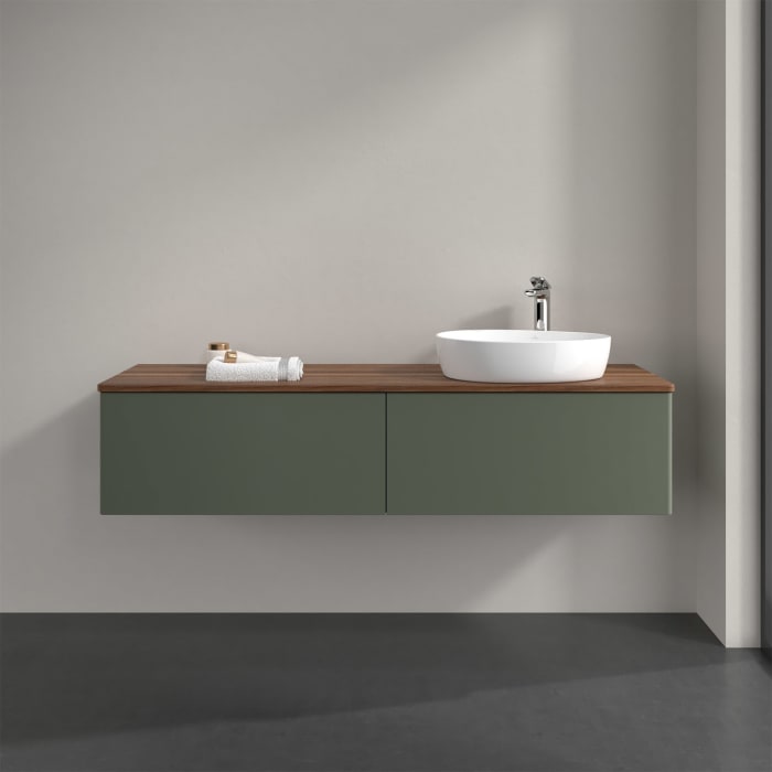 Villeroy & Boch Antao Waschbeckenunterschrank, 160 x 36 cm, 2 Auszüge, Front ohne Struktur, mit Hahnloch, für Waschtisch rechts