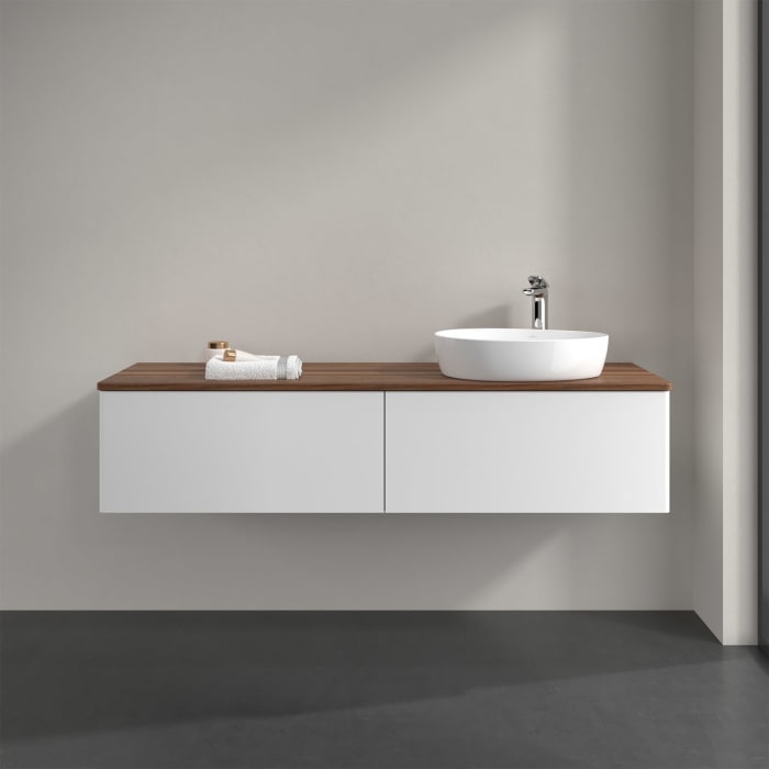 Villeroy & Boch Antao Waschbeckenunterschrank, 160 x 36 cm, 2 Auszüge, Front ohne Struktur, mit Hahnloch, für Waschtisch rechts